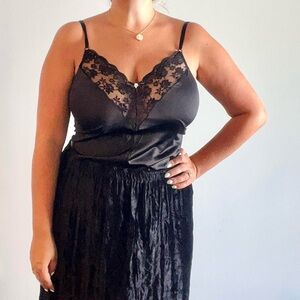 Vintage Lace Slip Top Cami with Scalloped Neckline and Embroidered Rose